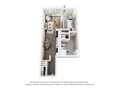 Floor plan for 1 bed, 1 bath, 616 sqft